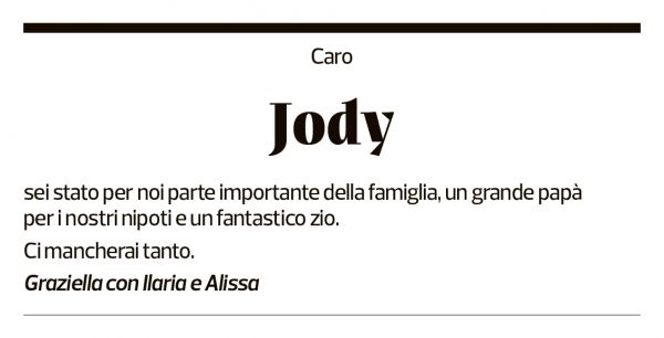 Annuncio funebre Jody Grandi