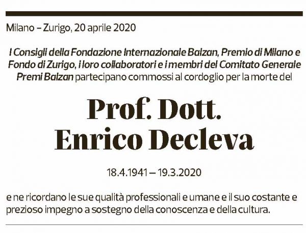 Annuncio funebre Prof Dott Enrico Decleva