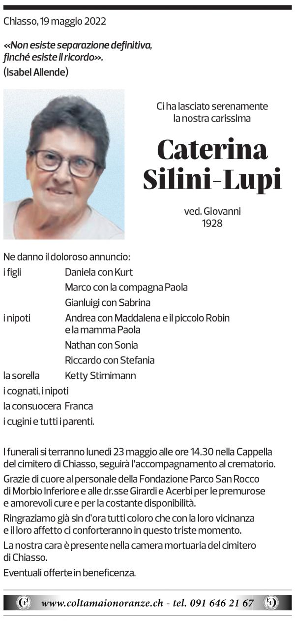 Annuncio funebre Caterina Silini-lupi