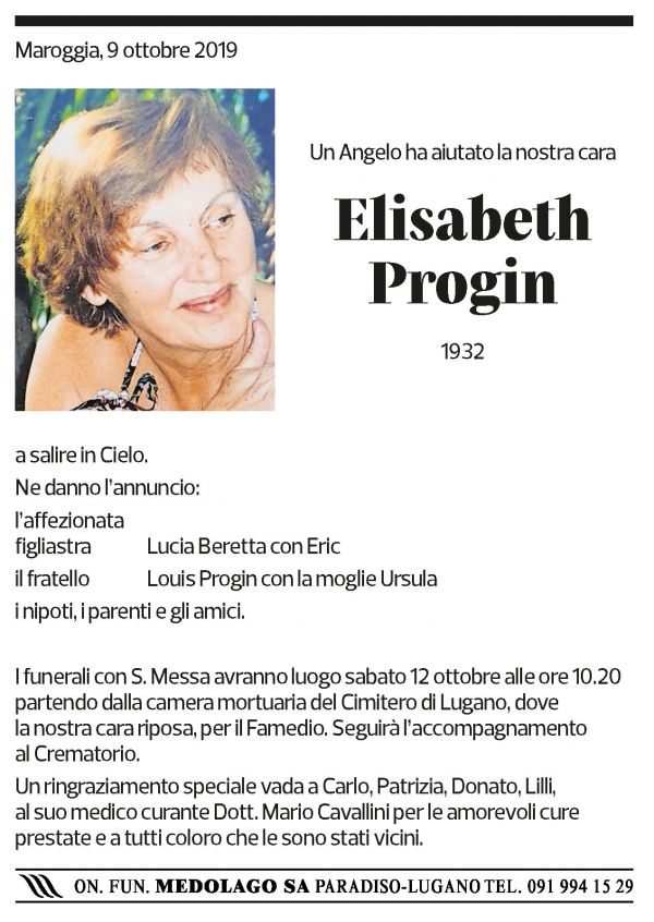 Annuncio funebre Elisabeth Progin