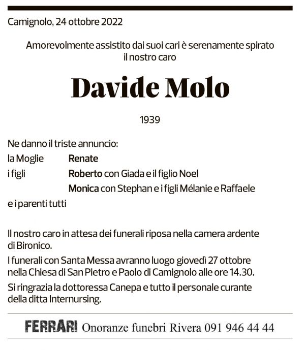 Annuncio funebre Davide Molo