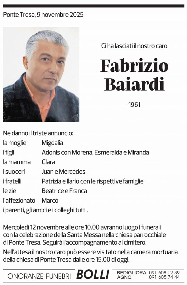 Annuncio funebre Fabrizio Baiardi