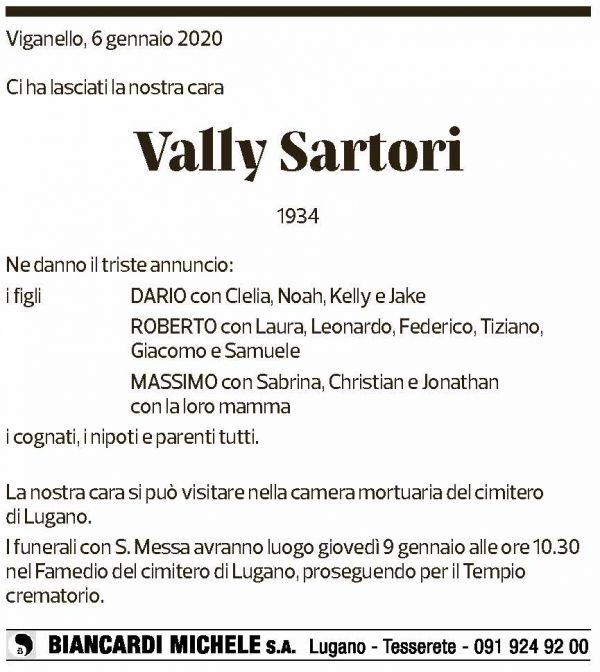 Annuncio funebre Vally Sartori