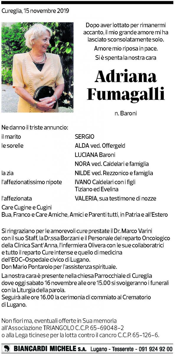 Annuncio funebre Adriana Fumagalli