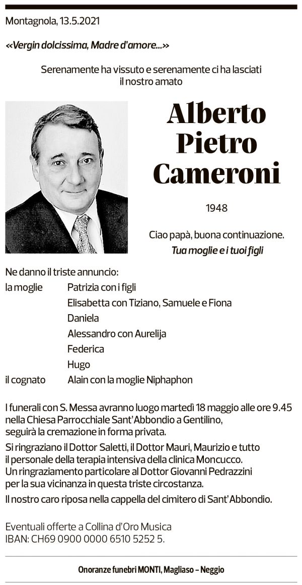 Annuncio funebre Alberto Pietro Cameroni