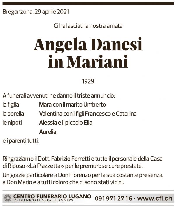 Annuncio funebre Angela Danesi In Mariani