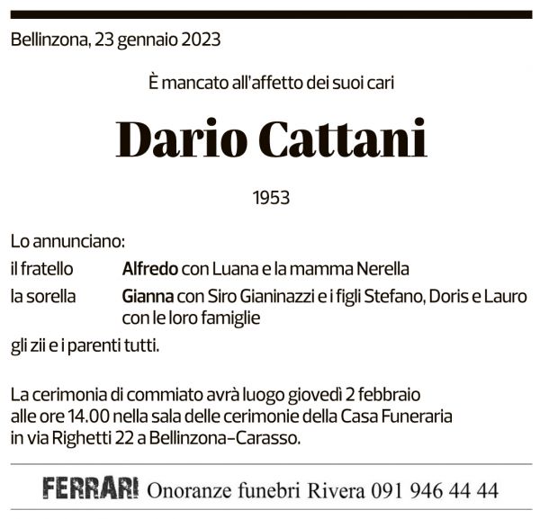 Annuncio funebre Dario Cattani