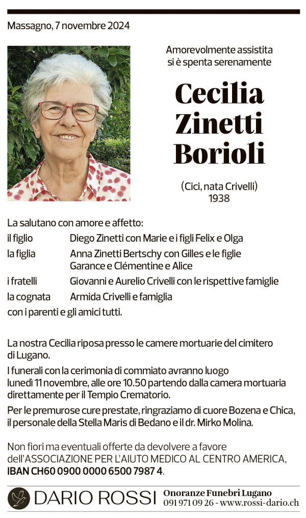 Annuncio funebre Cecilia Zinetti Borioli