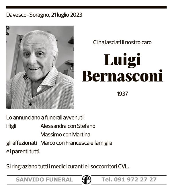 Annuncio funebre Luigi Bernasconi