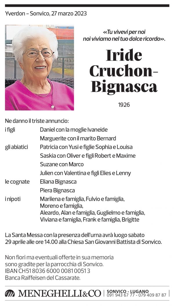 Annuncio funebre Iride Cruchon-bignasca