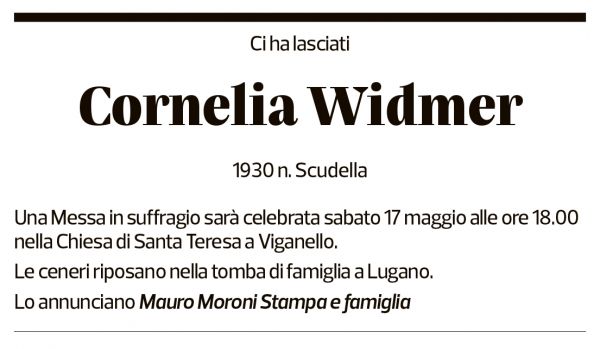 Annuncio funebre Cornelia Widmer