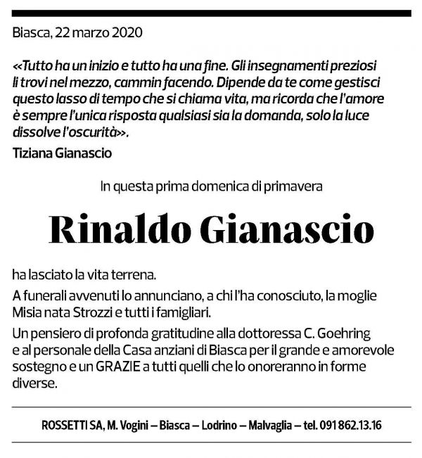 Annuncio funebre Rinaldo Gianascio