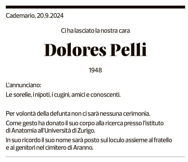 Annuncio funebre Dolores Pelli