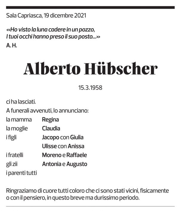 Annuncio funebre Alberto Hübscher