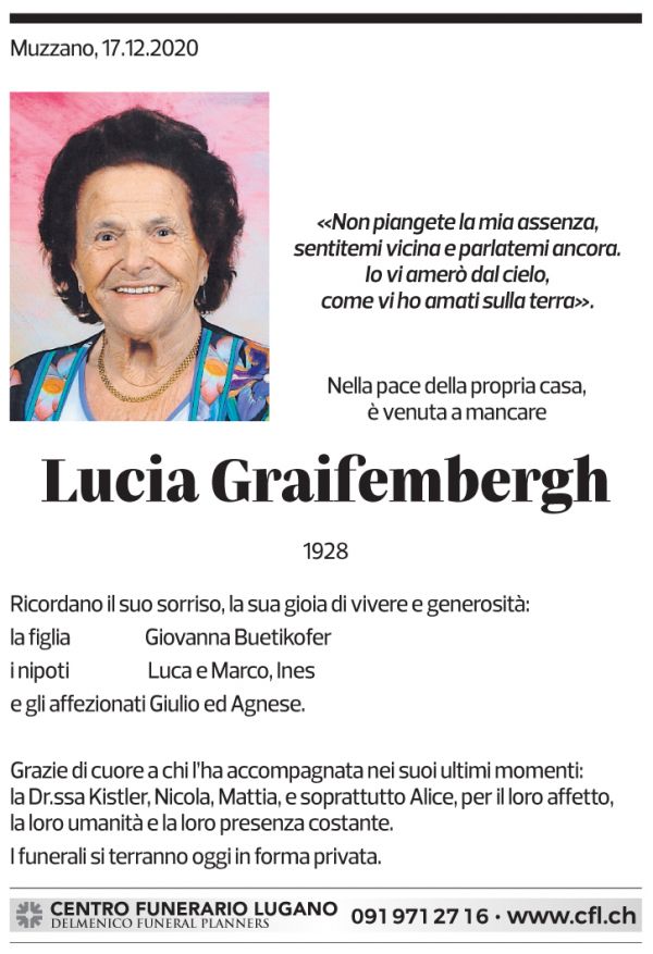 Annuncio funebre Lucia Graifembergh