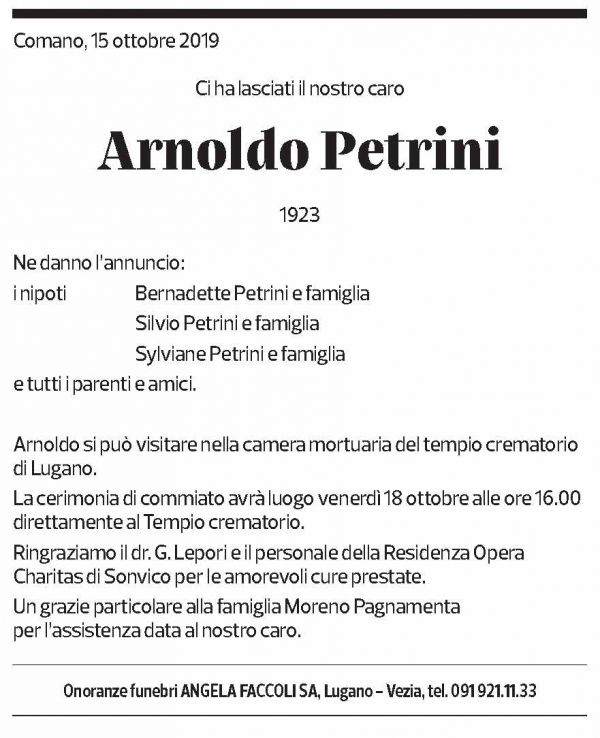 Annuncio funebre Arnoldo Petrini