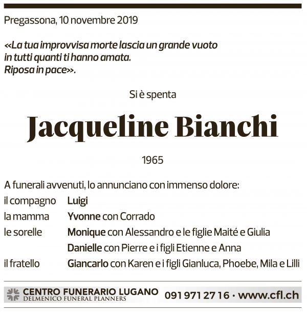 Annuncio funebre Jacqueline Bianchi