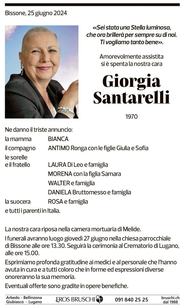 Annuncio funebre Giorgia Santarelli