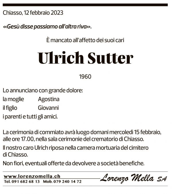 Annuncio funebre Ulrich Sutter