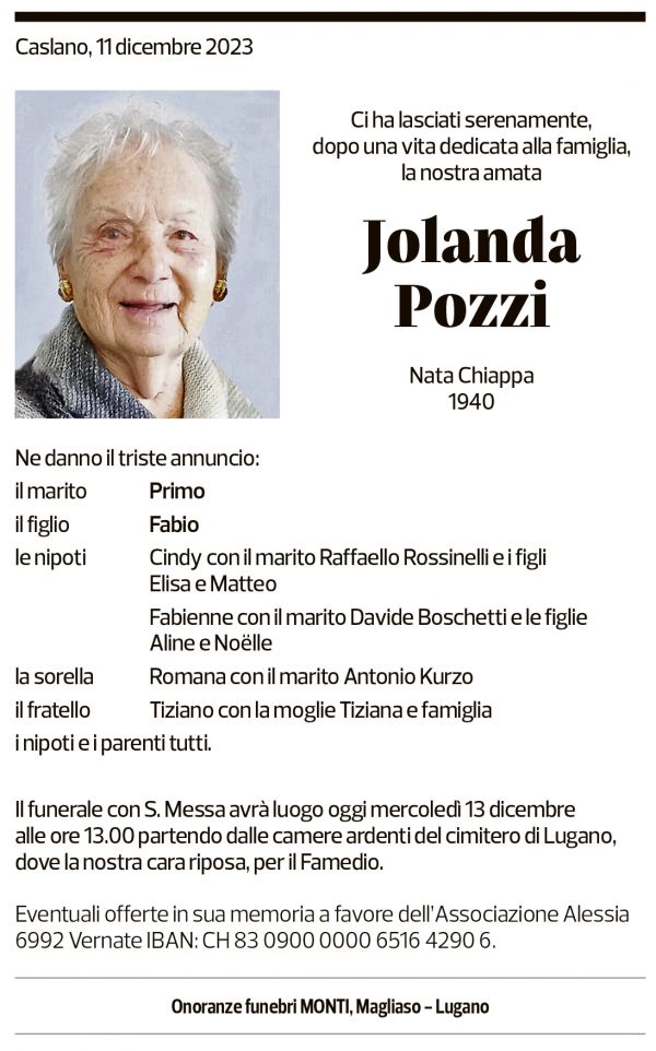 Annuncio funebre Jolanda Pozzi