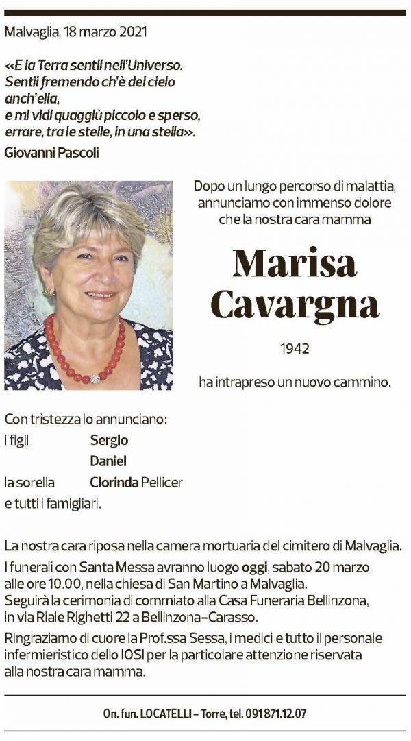 Annuncio funebre Marisa Cavargna