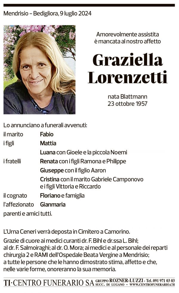 Annuncio funebre Graziella Lorenzetti