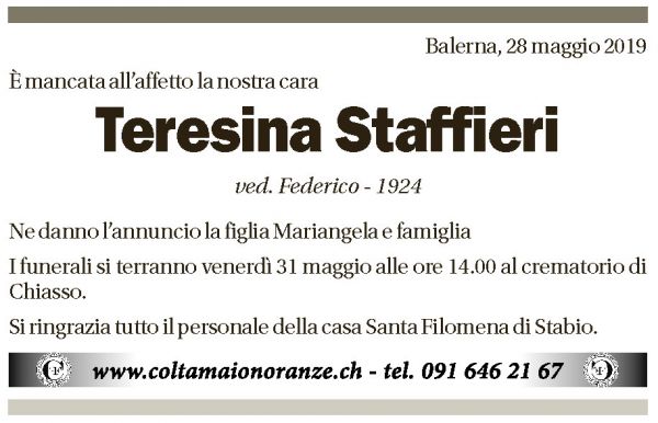 Annuncio funebre Teresina Staffieri