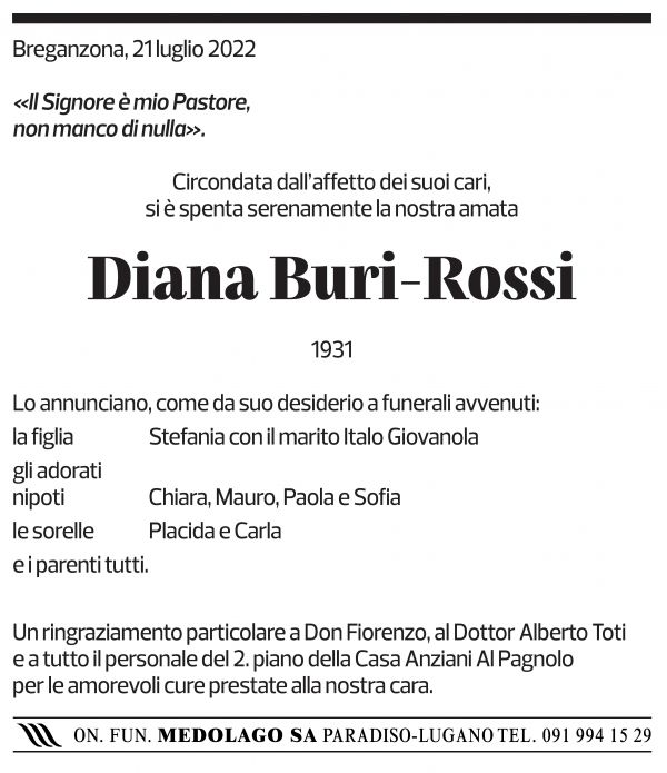 Annuncio funebre Diana Buri-rossi