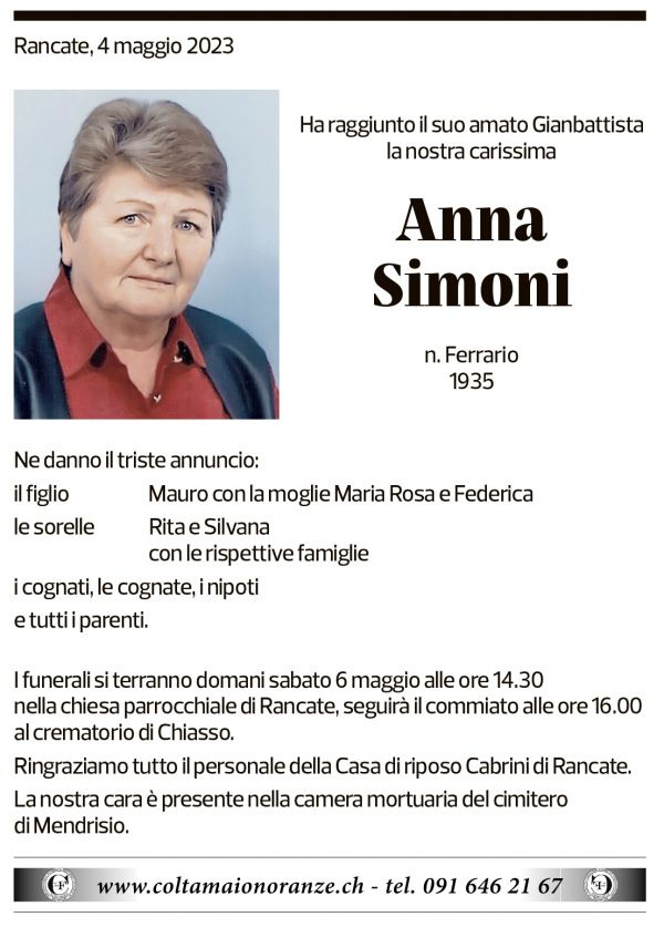 Annuncio funebre Anna Simoni