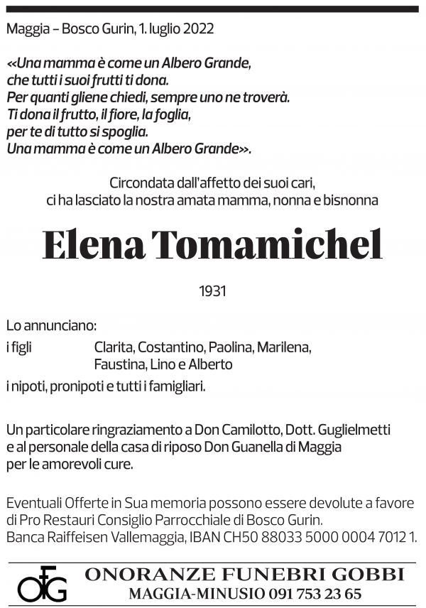 Annuncio funebre Elena Tomamichel