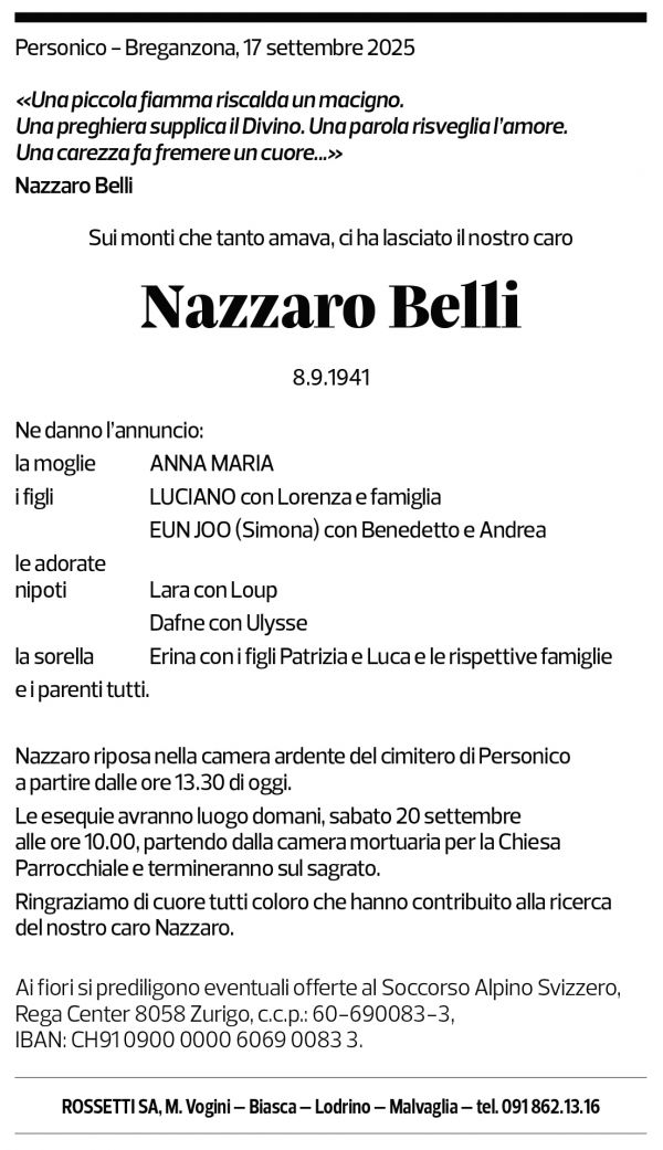 Annuncio funebre Nazzaro Belli