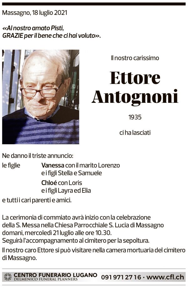 Annuncio funebre Ettore Antognoni