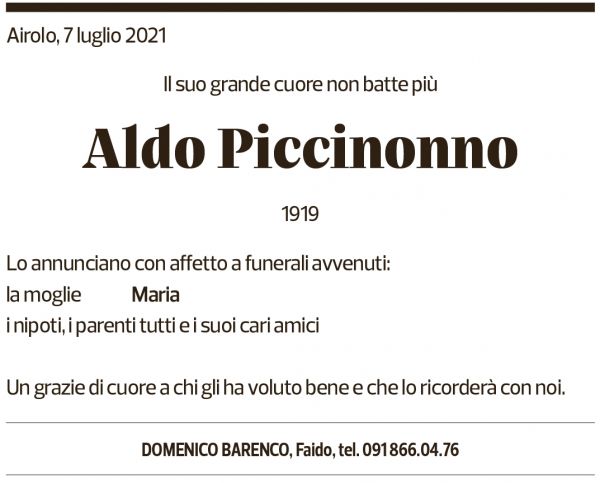 Annuncio funebre Aldo Piccinonno