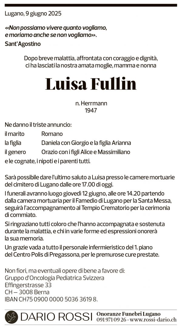 Annuncio funebre Luisa Fullin