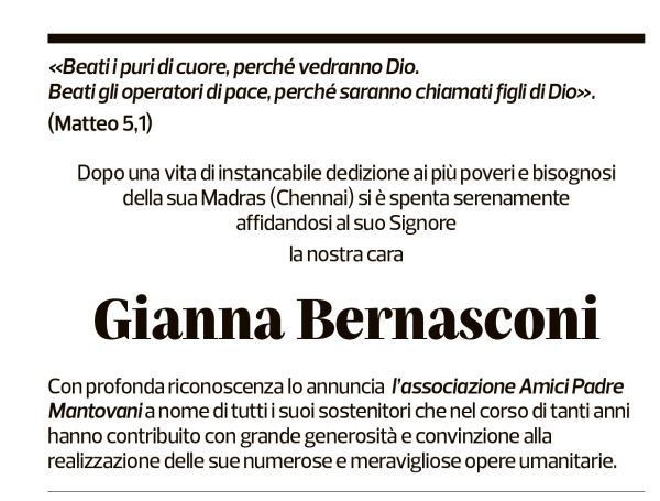 Annuncio funebre Gianna Bernasconi