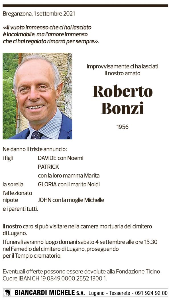 Annuncio funebre Roberto Bonzi