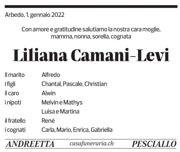 Annuncio funebre Liliana Camani-levi