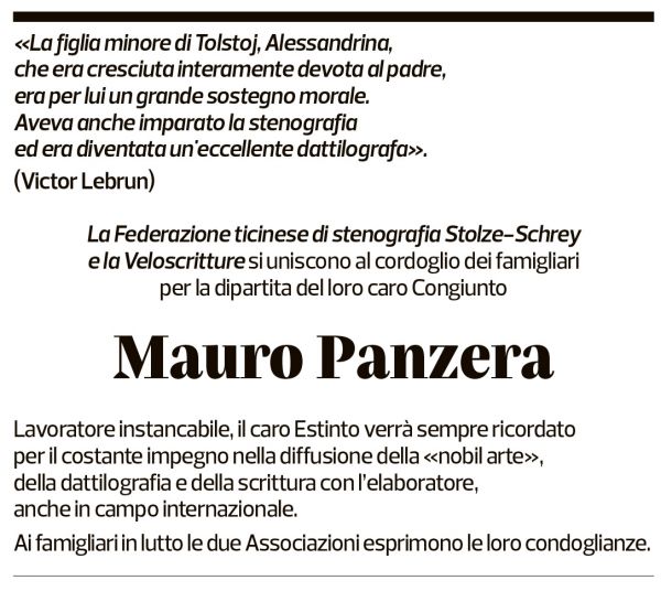 Annuncio funebre Mauro Panzera