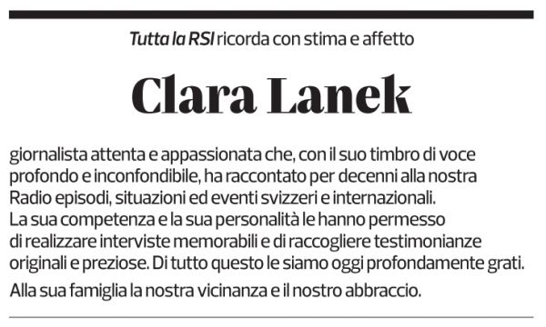 Annuncio funebre Clara Lanek