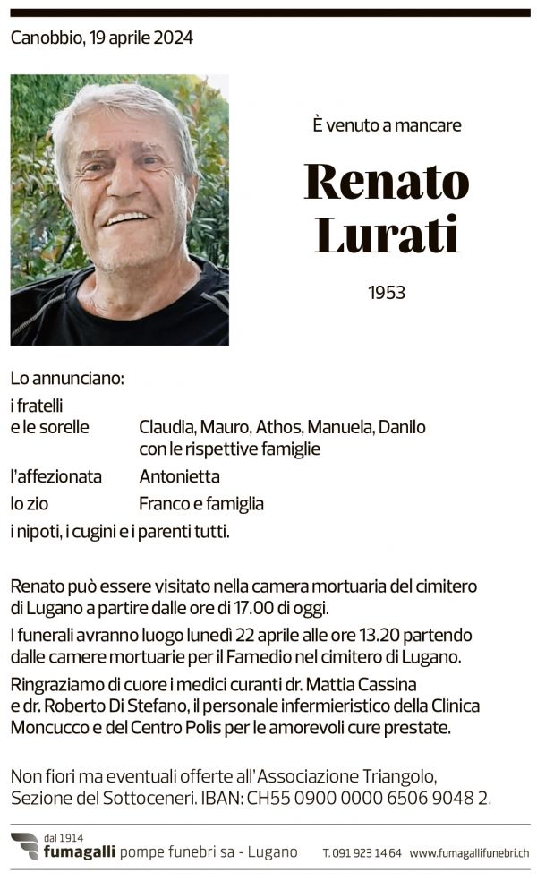 Annuncio funebre Renato Lurati