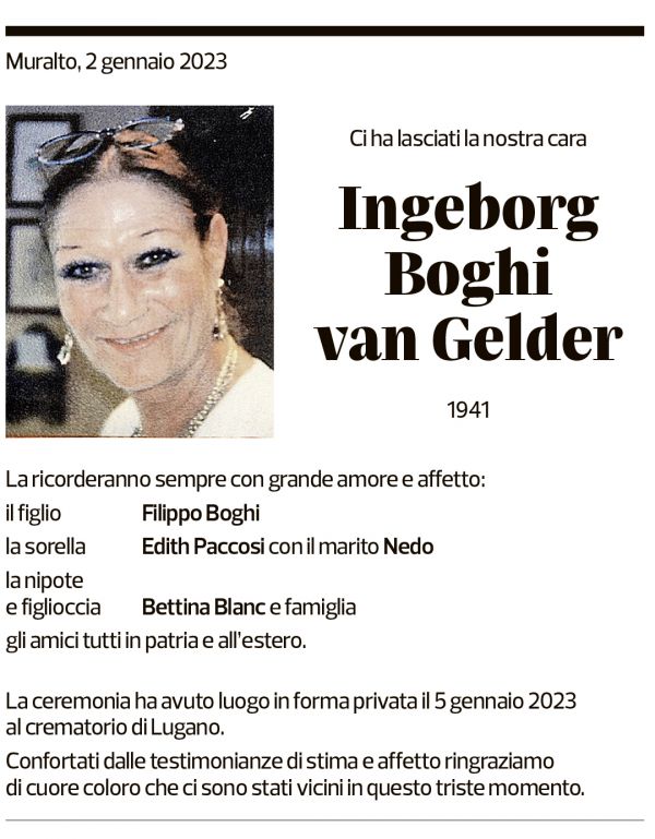 Annuncio funebre Ingeborg Borghi Van Gelder§