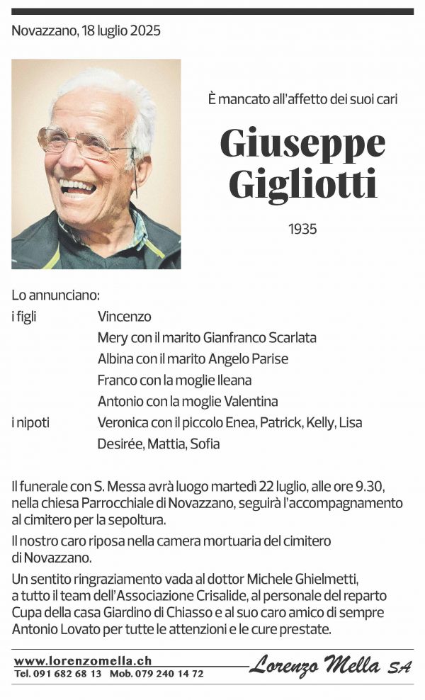 Annuncio funebre Giuseppe Gigliotti