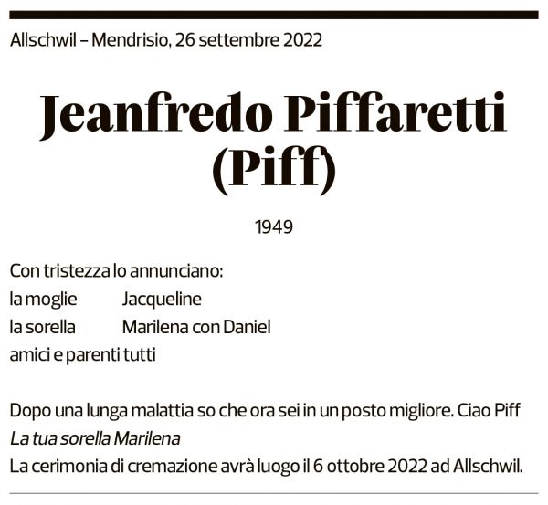 Annuncio funebre Jeanfredo Piffaretti