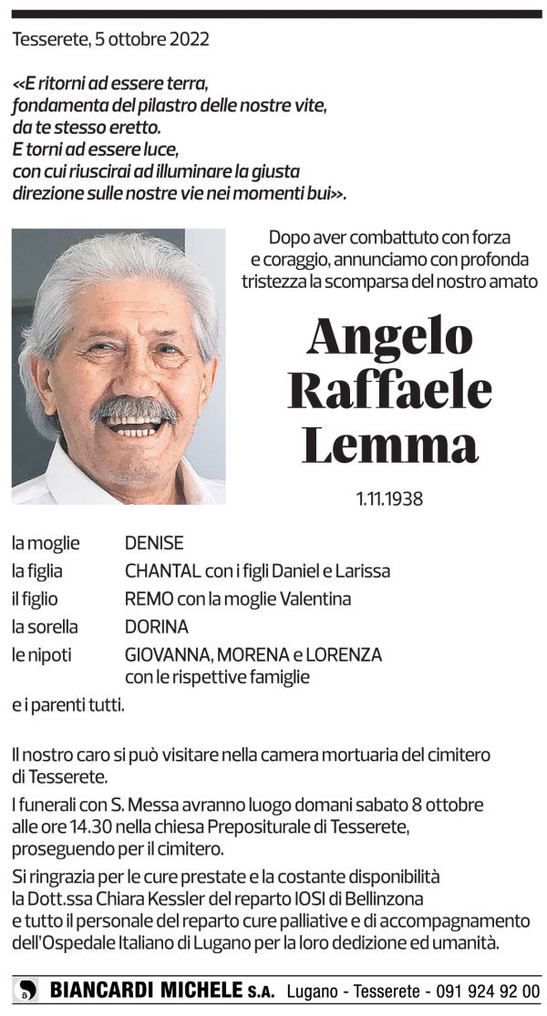 Annuncio funebre Angelo Raffaele Lemma