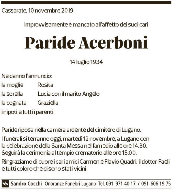 Annuncio funebre Paride Acerboni