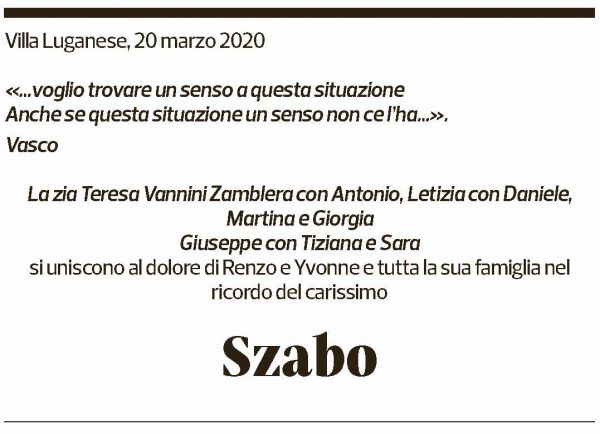 Annuncio funebre Szabo Zamblera