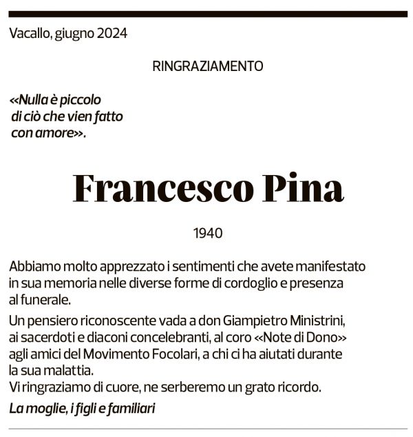 Annuncio funebre Francesco Pina