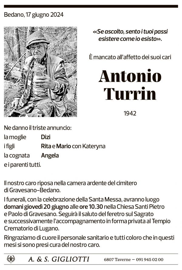 Annuncio funebre Antonio Turrin