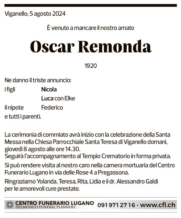 Annuncio funebre Oscar Remonda