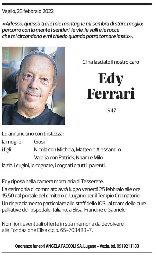 Annuncio funebre Edy Ferrari